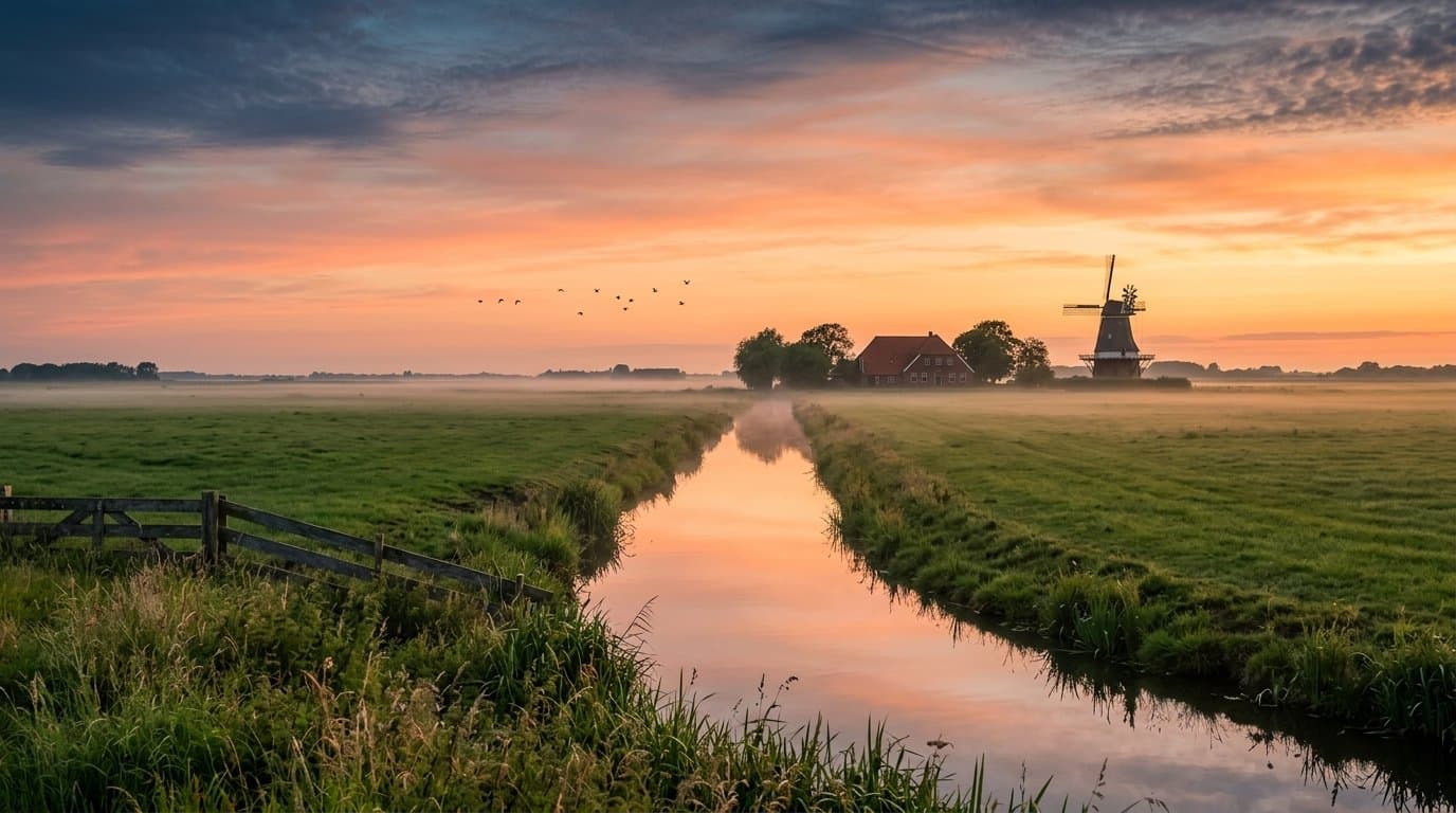 Ostfriesische Landschaft im Abendlicht — Kanal, Wiesen und Windmühle bei Uplengen